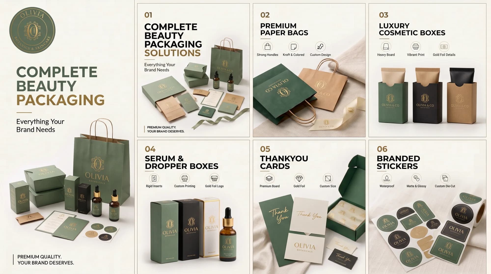 Beauty packaging kit: paper bags, cosmetic boxes, serum and dropper boxes, thank you cards and stickers