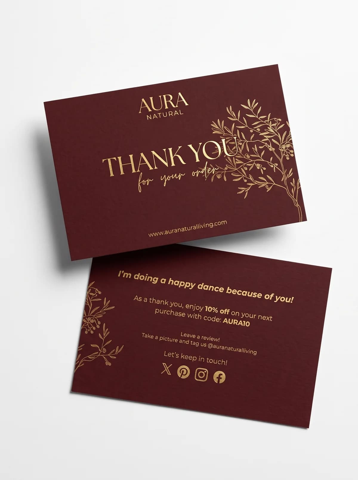 Thank You Cards — Thick cards with foil and emboss, slipped into every order.