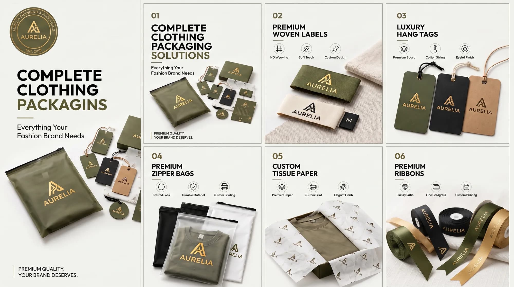 Clothing packaging kit for a fashion brand: woven labels, hang tags, zipper bags, tissue paper and ribbons